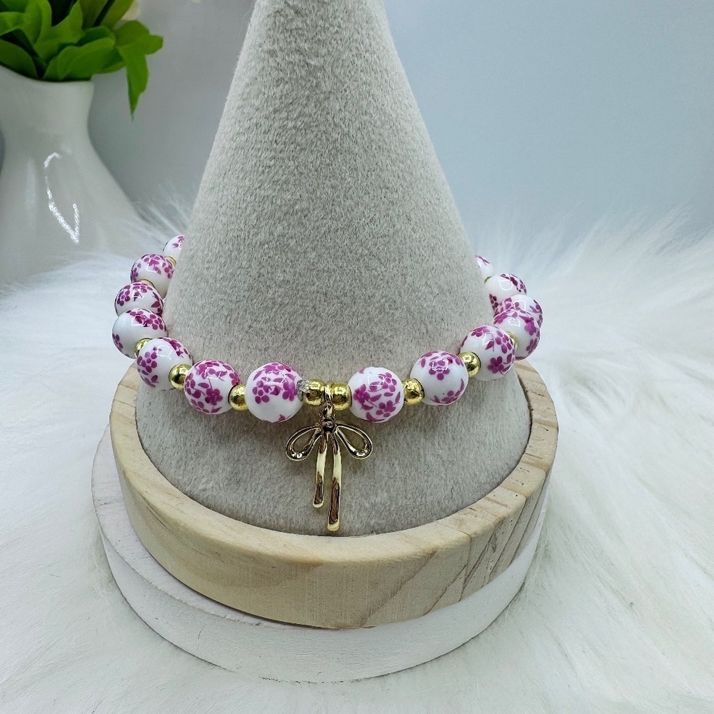 Pink Chinese-Style Ceramic Floral Beaded Stretch Bracelet w/ Bow Charm